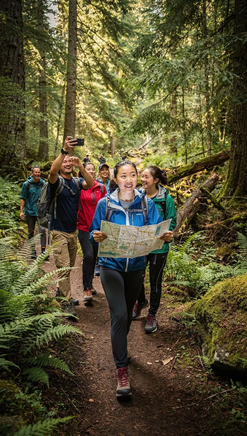 Turysta wspinający się na szczyt góry, podziwiający widoki doliny.