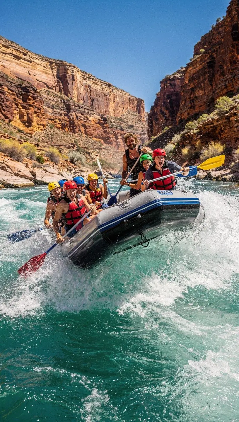 Rodzina ciesząca się spływem kajakowym po rzece w amerykańskim parku narodowym.