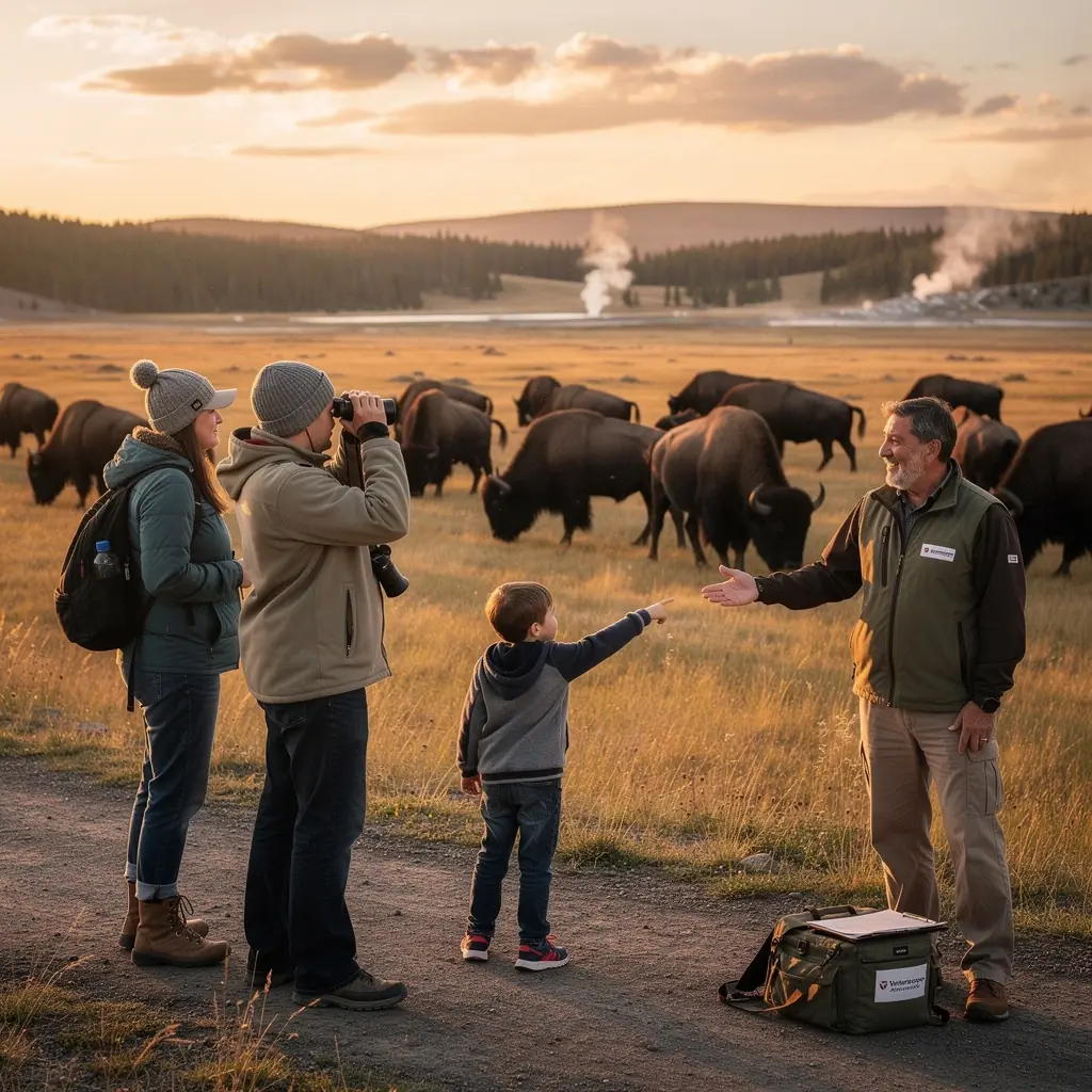Przewodnik w górach Roztocza, prowadzący grupę turystów przez malownicze szlaki.